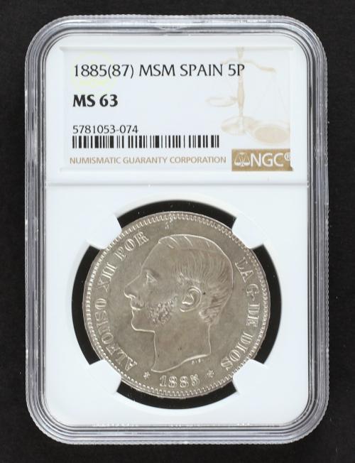 ALFONSO XII. 5 Pesetas. 1885 (*18-87). M.S.-M. Brillo origin