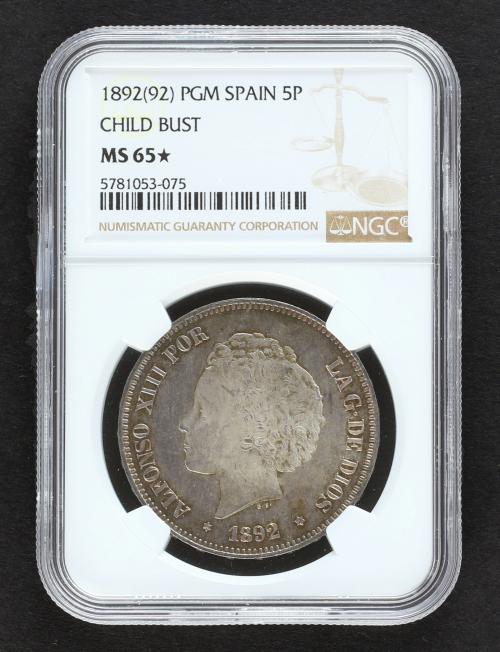 ALFONSO XIII. 5 Pesetas. 1892 (*18-92). P.G.-M. Tipo Bucles.