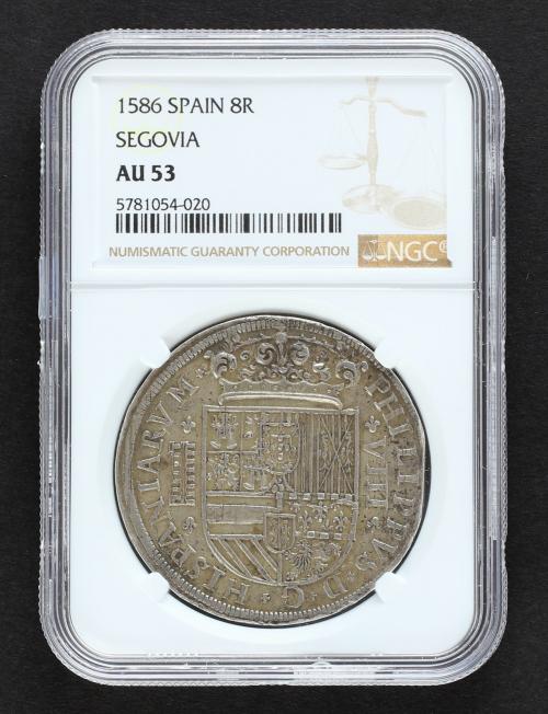 FELIPE II. 8 Reales. 15+86. SEGOVIA. Anv.: Acueducto vertica