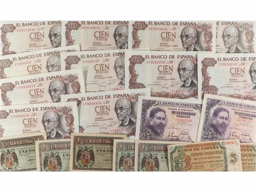 ESTADO ESPAÑOL. Lote 20 billetes 1 (5), 5 (2), 25 (2) y 100 