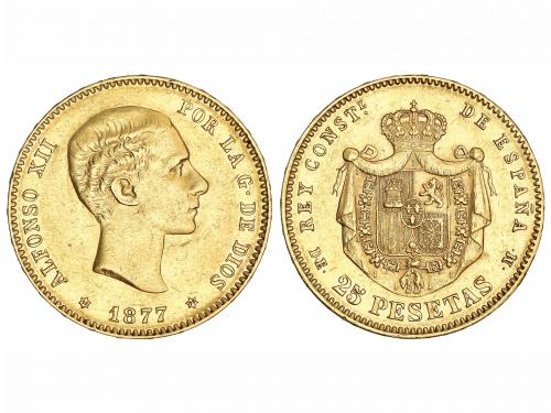 ALFONSO XII. 25 Pesetas. 1877 (*18-77). D.E.-M. (Pequeños go