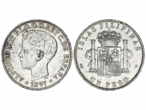 ALFONSO XIII. 1 Peso. 1897. MANILA. S.G.-V. (Golpes y rayas)