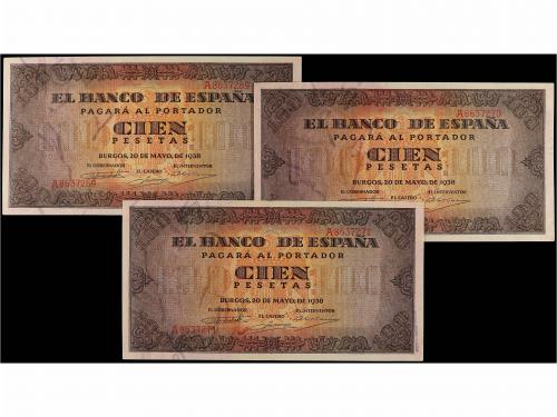 ESTADO ESPAÑOL. Lote 3 billetes 100 Pesetas. 20 Mayo 1938. C