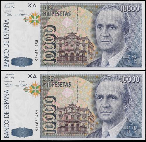 JUAN CARLOS I. Lote 2 billetes 10.000 Pesetas. 12 Octubre 19