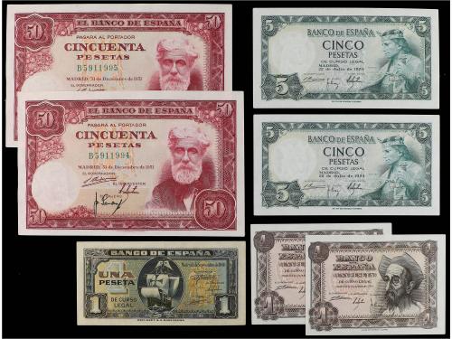 ESTADO ESPAÑOL. Lote 7 billetes 1 a 50 Pesetas. 1940 a 1961.