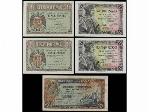 ESTADO ESPAÑOL. Lote 5 billetes 1 (4) y 5 Pesetas. 1 Peseta 