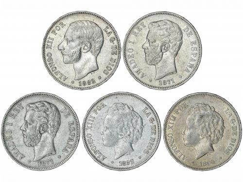 LOTES CENTENARIO. Lote 5 monedas 5 Pesetas. AMADEO I a ALFON