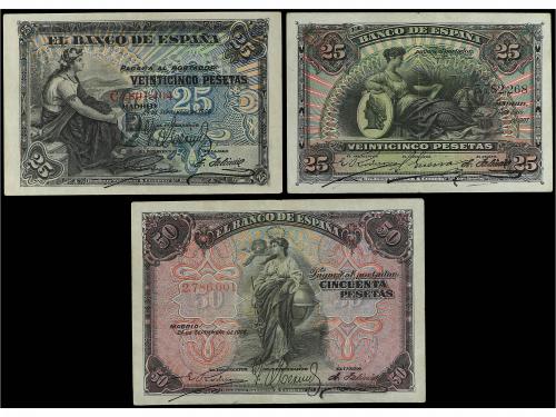BANCO DE ESPAÑA. Lote 3 billetes 25 (2) y 50 Pesetas. 24 Sep
