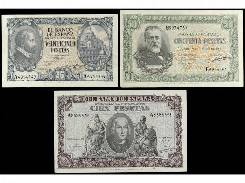 ESTADO ESPAÑOL. Lote 3 billetes 25, 50 y 100 Pesetas. 9 Ener
