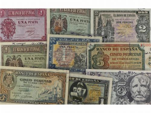 ESTADO ESPAÑOL. Lote 9 billetes 1 (5), 2 y 5 Pesetas (3). 19