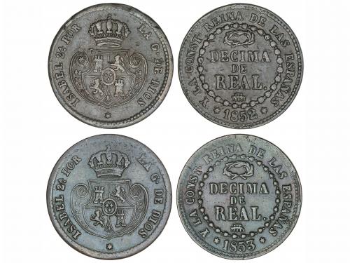 ISABEL II. Lote 2 monedas Décima de Real. 1852 y 1853. SEGOV