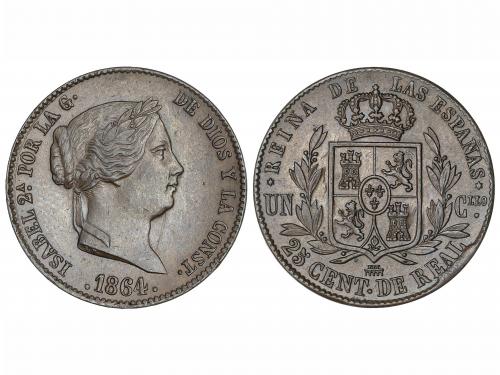 ISABEL II. 25 Céntimos de Real. 1864. SEGOVIA. 9,65 grs. AC-