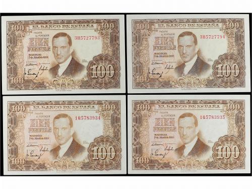 ESTADO ESPAÑOL. Lote 4 billetes 100 Pesetas. 7 Abril 1953. R
