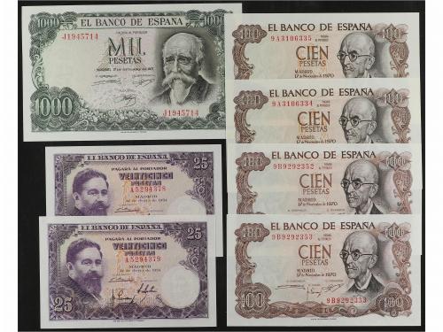 ESTADO ESPAÑOL. Lote 7 billetes 25 a 1.000 Pesetas. Falla Nu