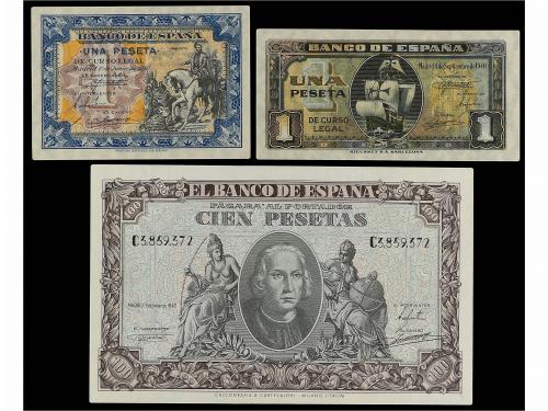 ESTADO ESPAÑOL. Lote 3 billetes 1 (2) y 100 Pesetas. Hernán 