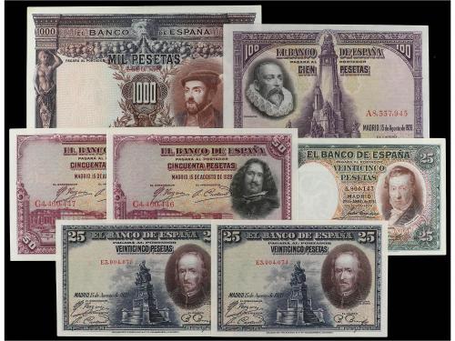 GUERRA CIVIL, ZONA REPUBLICANA. Lote 7 billetes 25 a 1.000 P