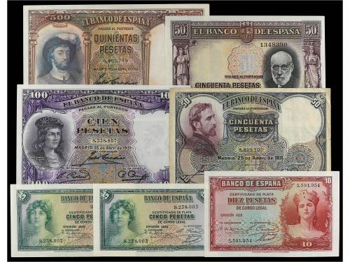 GUERRA CIVIL, ZONA REPUBLICANA. Lote 7 billetes 5 a 500 Pese