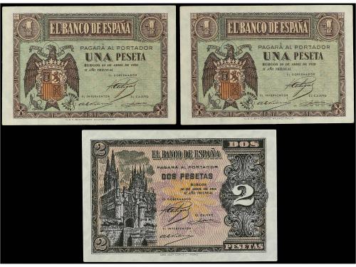 ESTADO ESPAÑOL. Lote 3 billetes 1 (2) y 2 Pesetas. 30 Abril 
