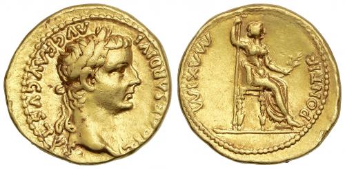 IMPERIO ROMANO. Áureo. Acuñada el 14-17 d.C. TIBERIO. LUGDUN