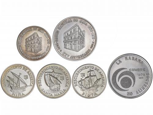 CUBA. Lote 6 monedas 5 a 20 Pesos. AR. 5 y 10 Pesos: 25 Aniv