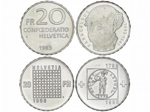 SUIZA. Lote 2 monedas 20 Francos. 1993 y 1998. AR. Paracelsu