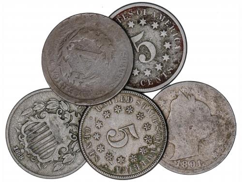 ESTADOS UNIDOS. Lote 5 monedas 5 Centavos. 1868, 1869, 1874,