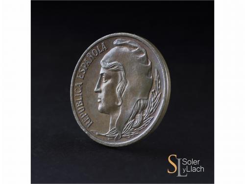 II REPÚBLICA. Prueba de 25 Céntimos. 1937. Anv.: Cabeza feme