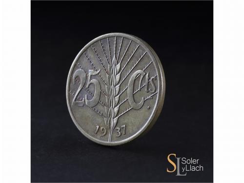 II REPÚBLICA. Prueba de 25 Céntimos. 1937. Anv.: Cabeza feme
