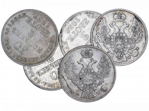 POLONIA. Lote 5 monedas 2 Zlote-30 Kopeks. 1835, 1836 (3) y 