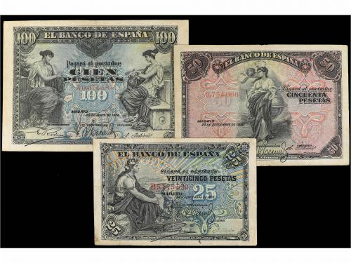 BANCO DE ESPAÑA. Lote 3 billetes 25, 50 y 100 Pesetas. 30 Ju