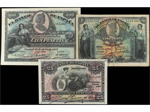 BANCO DE ESPAÑA. Lote 3 billetes 25, 50 y 100 Pesetas. 15 Ju