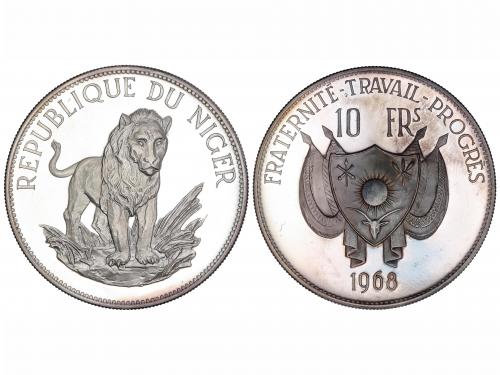 NÍGER. 10 Francos. 1968. 19,5 grs. AR. León. Tirada: 1.000 p