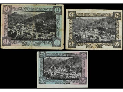 CATALUNYA. Lote 3 billetes 25, 50 Cèntims y 1 Pesseta. 1 Abr