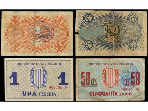 CATALUNYA. Lote 4 billetes 50 Cèntims (2) y 1 Peseta. 30 Abr