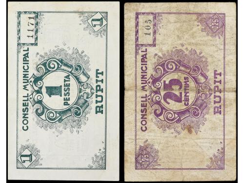 CATALUNYA. Lote 2 billetes 25 Cèntims y 1 Pesseta. 6 Juny 19