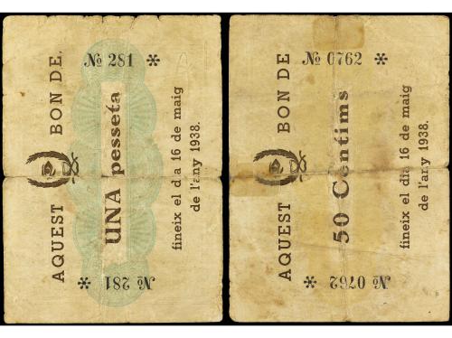 CATALUNYA. Lote 2 billetes 50 Cèntims y 1 Pesseta. Aj. d´ UL