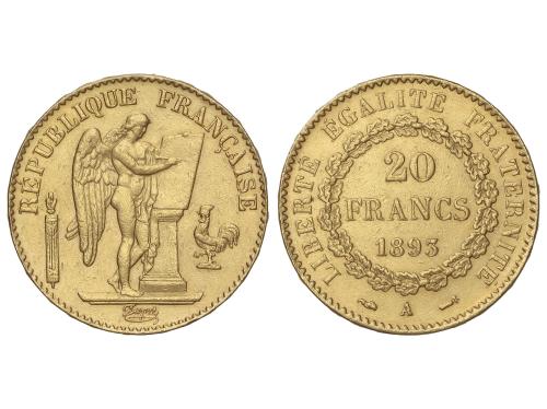 FRANCIA. 20 Francs. 1893-A. III REPUBLIQUE. PARÍS. 6,42 grs.