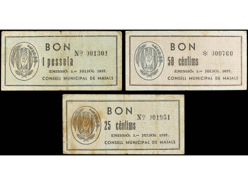 CATALUNYA. Serie 3 billetes 25, 50 Cèntims y 1 Pesseta. 1 Ju