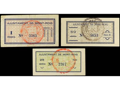 CATALUNYA. Lote 3 billetes 25, 50 Cèntims y 1 Pesseta. Julio