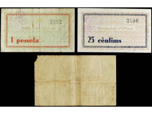 CATALUNYA. Lote 3 billetes 25, 50 Cèntims y 1 Pesseta. Març 