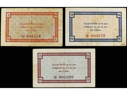 CATALUNYA. Lote 3 billetes 25, 50 Cèntims y 1 Pesseta. C.M. 