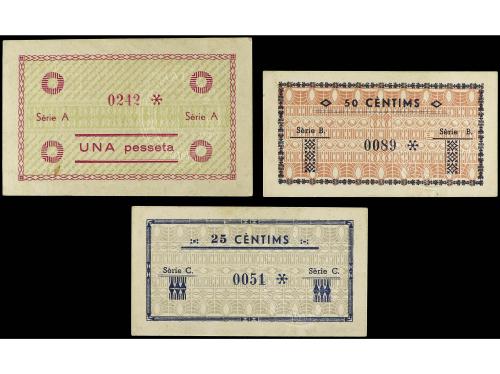 CATALUNYA. Lote 3 billetes 25, 50 Cèntims y 1 Pesseta. Julio