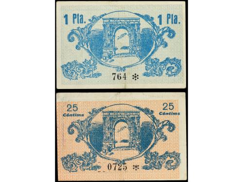 CATALUNYA. Lote 2 billetes 25 Cèntims y 1 Pesseta. 4 Novembr