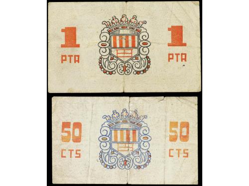 CATALUNYA. Lote 2 billetes 50 Cèntims y 1 Pesseta. 18 Juny 1