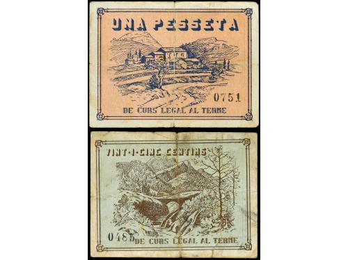 CATALUNYA. Lote 2 billetes 25 Cèntims y 1 Pesseta. C.M. de V
