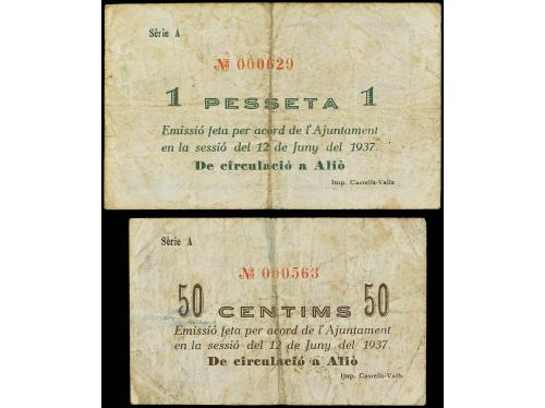 CATALUNYA. Lote 2 billetes 50 Cèntims y 1Pesseta. 25 juny 19