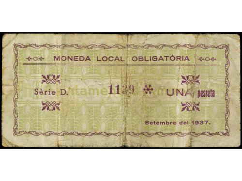 CATALUNYA. 1 Pesseta. Setembre 1937. Aj. d´ AMPOLLA. (Leves 