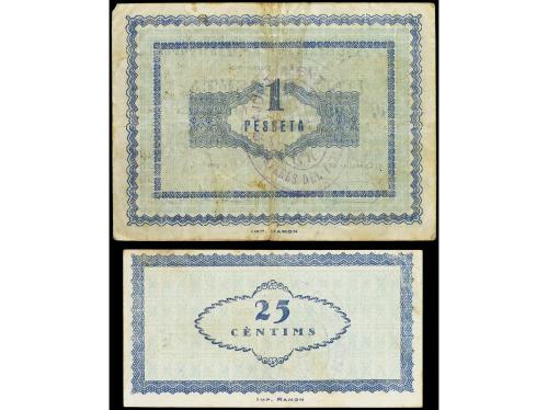 CATALUNYA. Lote 2 billetes 25 Cèntims y 1 Pesseta. Juny 1937