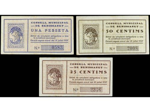 CATALUNYA. Lote 3 billetes 25, 50 Cèntims y 1 Pesseta. 31 ju