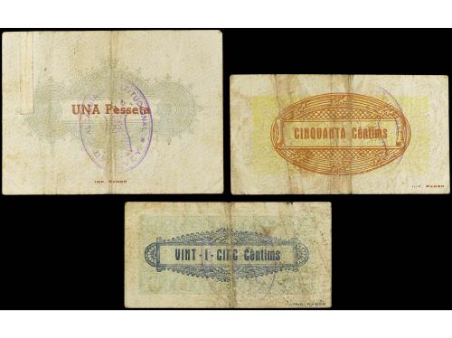 CATALUNYA. Lote 3 billetes 25, 50 Cèntims y 1 Pesseta. Juny 